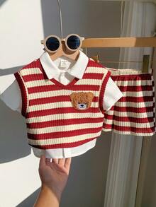 SHEIN 3件套男宝宝夏季休闲可爱条纹卡通图案红色条纹背心、白色衬衫、短裤绅士套装，适合生日派对、锐舞派对、晚宴、演出、婚礼、迎婴派对、一周岁生日庆祝等场合。 - 彩色 - 查看 1