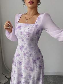Modelyn Vestido de verano elegante de manga larga con cuello cuadrado y estampado para mujer - Morado - Ver 5