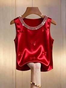 Franclia Women's New Spring/Summer Casual Vintage Style Elegant Commute Vacation Daily Wear Party Party Afternoon Party Round Neck Satin Collar Beaded Faux Pearl Decoration Bow Red Vest With Bow Burgundy Top Vest Round Neck Faux Pearl Decoration Burgundy T-Shirt Birthday Concert Valentine's Day Top Valentine's Day T-Shirt Valentine's Day Shirt Birthday Party - Burgundy - View 8