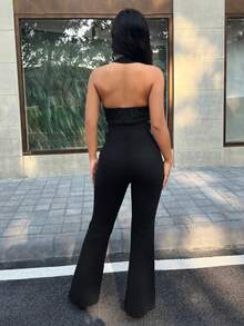 SHEIN PETITE Women's Deep V-Neck Hollow Out Side Waist Grommet Lace-Up Sexy Halter Jumpsuit - Black - View 2