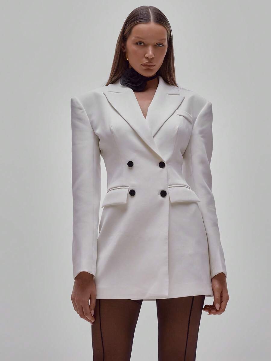 MUSERA Skräddarsydd vävd dubbelknäppt kavajklänning fest sexig utekväll elegant tillfälle alla hjärtans dag brudklänning bröllop förlovning - Vitt - Visa 1