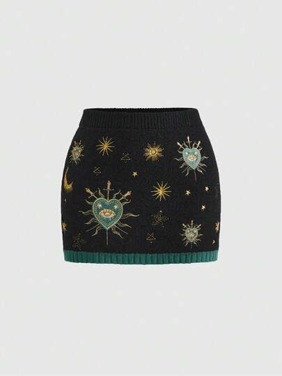 ROMWE Goth Fairy Mysterious Witch Style Sun, Moon, Star, Heart, Eye Embroidery Contrast Color Low Waist Sweater & Skirt Set