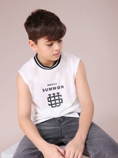  SUMWON Sleeveless Crew Neck Mesh Tank Top With Striped Collar Detail And Printed Logo Design For Summer Casual