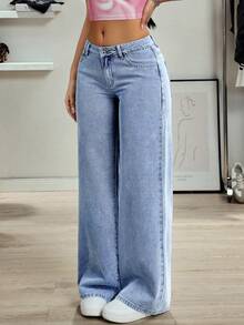 SHEIN Tall Women's Fashion Casual Versatile Elastic Waist Wide Leg Straight Jeans - Light Wash - View 3