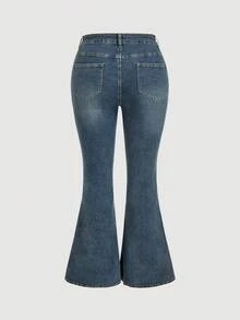 Sweetra 大码女式时尚休闲百搭复古喇叭裤 - 深色水洗藍 - 查看 2