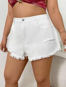 Sunnyshic High Waist Loose Solid Color Distressed Denim Shorts - White - View 4