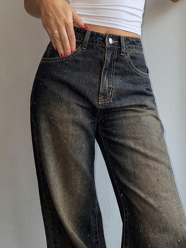 Women's Rhinestone Embellished Flared Distressed Korean Style Jeans
