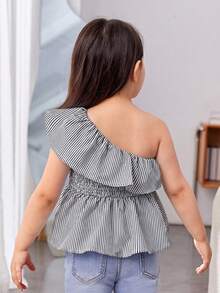 SHEIN Young Girl Cute Asymmetric Striped One-Shoulder Blouse With Large Bow, Young Girl - Black and White - View 2
