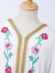 SHEIN Tween Girl Floral Print Ribbon Trim V-Neck Long Sleeve Elegant Dress - White - View 5