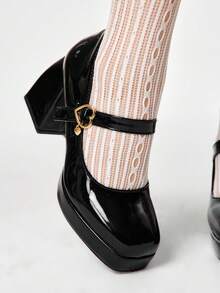 ROMWE Kawaii Vintage Mary Jane Women's Shoes, French Square Toe Leather Pumps, Spring Lacquered Thick Heel Elegant High Heels, Black Valentine's Day - Black - View 2