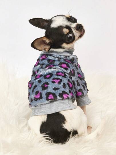 PETSIN 1件印花玫瑰红豹纹法兰绒卫衣，厚实保暖，适合宠物秋冬季穿着，灰色