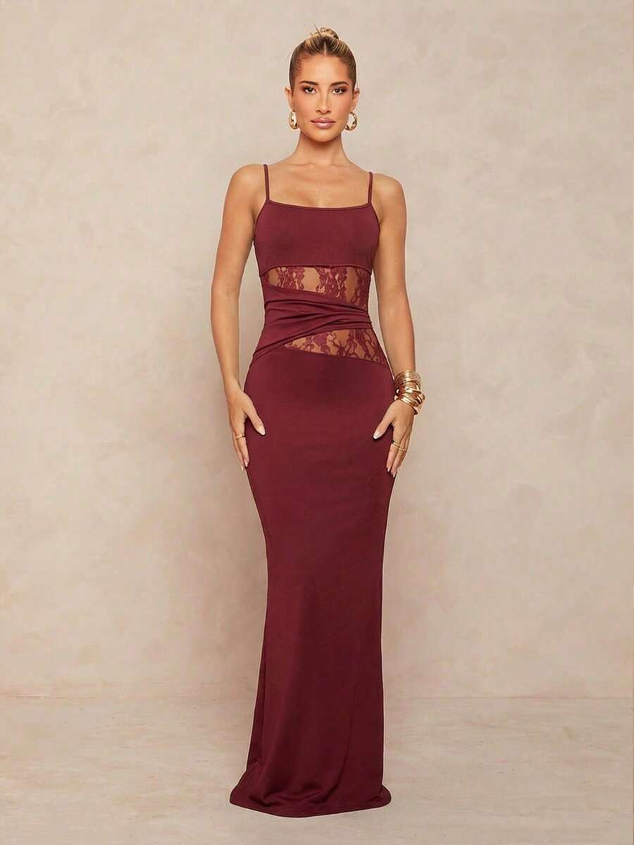 Lumalex Elegant Party Solid Color Lace Patchwork Fitted Dress
