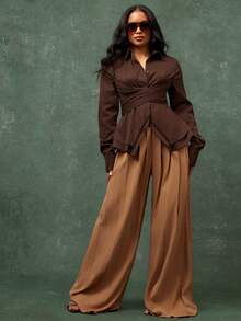 Vixey Brown Wrap Around Cinched Waist Double Peplum Hem Button Down Collar Office Shirt - Brown - View 3