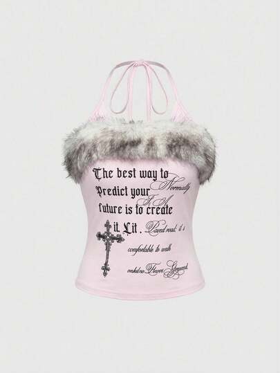 Canotta aderente retrò Y2K sexy con scollo a canottiera, patchwork, stampa in pelliccia sintetica e lettera incrociata