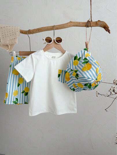3pcs/Set Young Boy Lemon Print Short Sleeve T-Shirt, Knit Top, Shorts And Sun Hat Outfit, Casual Holiday Spring/Summer Childrens Summer Outfit Boys Striped Shorts Set
