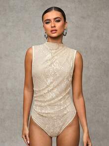 SHEIN BAE Black Lace Sleeveless Open Shoulder Ruched Bodysuits, Autumn, Halloween - Apricot - View 4