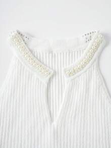 Franclia 新款春夏欧美风修身仿珍珠奢华露背针织上衣，优雅女士日常通勤、派对、聚会场合皆宜 - 白色 - 查看 5