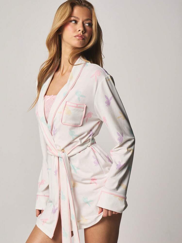 Missguided x Playboy Pastel Butterfly Print Pajama Robe With Belt And Collar Long Sleeve Sleepwear For Spring Summer