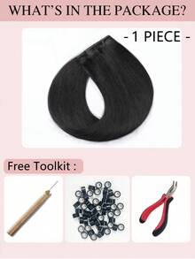 蝴蝶结发片，真人发，无胶OVO PU孔，手工编织，隐形DIY双层发片，直发，1片装，16英寸，自然黑 - Natural Black - 查看 3