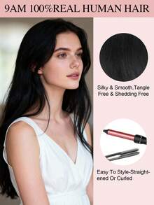 蝴蝶结发片，真人发，无胶OVO PU孔，手工编织，隐形DIY双层发片，直发，1片装，16英寸，自然黑 - Natural Black - 查看 13