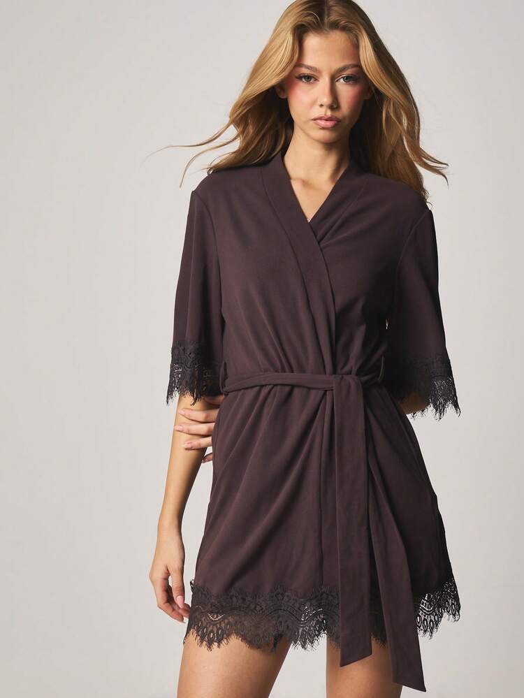 MISSGUIDED Women Lace Trim Modal Robe With Belt Wrap Style Short Sleeve Loungewear Sleepwear Kimono For Home Relaxation Comfort