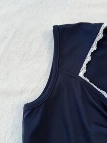 SHEIN Tween Girls' Blue Knit Ruched Bust Lace Trim Form-Fitting Long Sleeve Versatile T-Shirt Top - Navy Blue - View 4