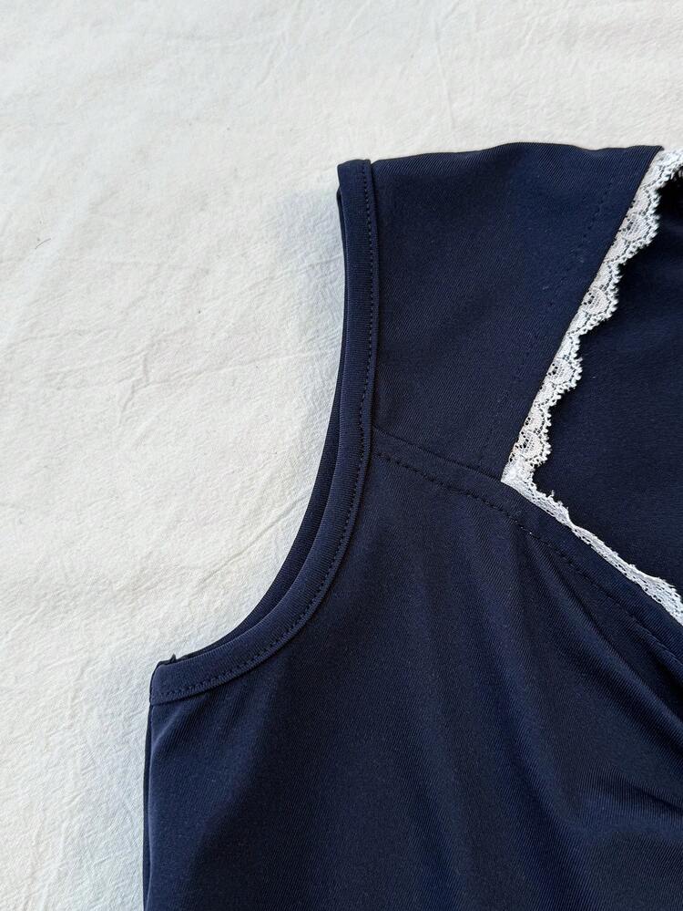 SHEIN Tween Girls' Blue Knit Ruched Bust Lace Trim Form-Fitting Long Sleeve Versatile T-Shirt Top - Navy Blue - View 4