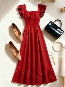 Franclia Đầm dài xòe xếp ly cổ vuông màu đỏ tươi, dây mảnh, eo hai mảnh, thích hợp cho hẹn hò, dự tiệc, tôn dáng và thanh lịch, chất vải cứng cáp, thiết kế dây mảnh, đầm xếp ly cổ vuông màu đỏ. - Đỏ - Xem 2