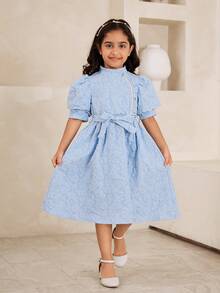 SHEIN Glamorique Kids 珍珠装饰提花面料蝴蝶结泡泡袖女童派对礼服 儿童提花连衣裙 - 淺藍色 - 查看 6
