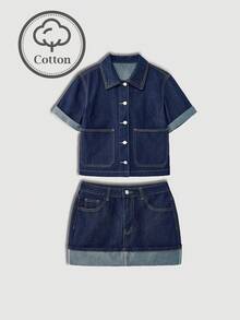 Maija Women's Raw Denim Suit: Short-Sleeved Shirt + A-Line Skirt;Women's Two-Piece Set,Casual Suit,Spring Break Outfits