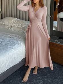 DAZY Autumn/Winter Charming Pleated Design Knitted Draped Waist Dress For Women - Coral Pink - View 5