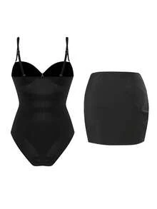 SHEIN Swim 1件套无肩带镂空海星装饰纯色连体迷你裙高级套装 - 黑色 - 查看 4