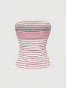 ROMWE Grunge Punk Y2K亚文化女式条纹拼接露脐吊带背心，下摆开衩 - 淺粉色 - 查看 2