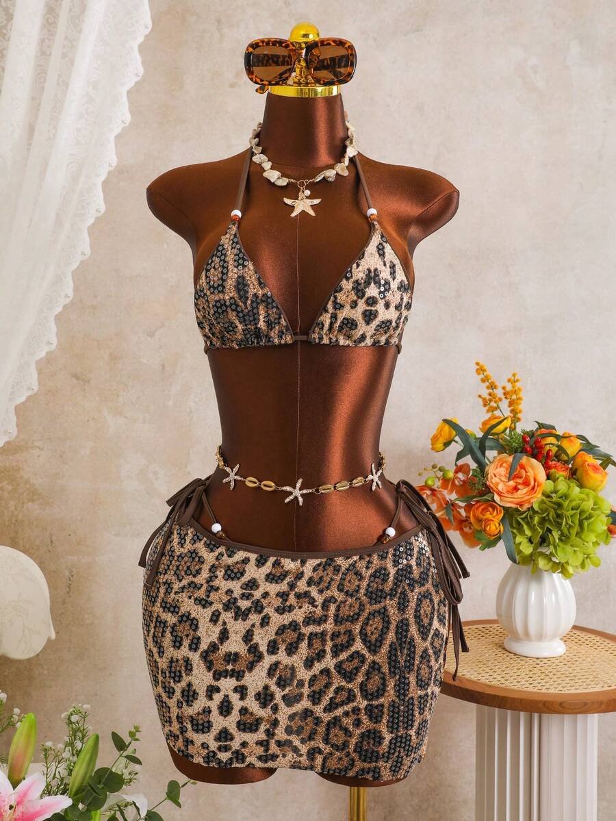 Swim SXY 2026 New Leopard Print Sequin Brown Drawstring Hem Skirt, Sexy Halter 3-Piece Bikini Swimsuit For Women - Multicolor - View 1