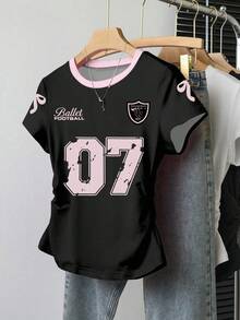 INAWLY Camiseta casual de mujer talla grande con cuello redondo, manga corta y plisada con estampado numérico - Negro - Ver 1
