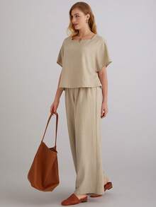 Parysyn Plus Size Breathable Women's Summer Outfit Loose Fit Square Neck Top And Wide Leg Trousers Two Piece Set Linen Pants Set 2 Piece Linen Sets Woman Linen Outfit Summer Pants Sets Comfortable Two Piece Set - Apricot - View 4