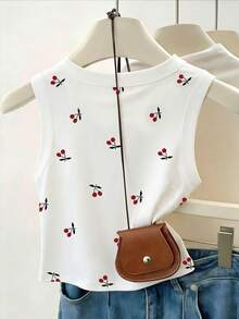 Resyla 夏季新款女士吊带背心，适合约会、户外活动、休闲穿着，白色，樱桃水果印花图案，图案设计，度假风，清爽舒适的夏季吊带背心，可作为外套穿着，简约百搭。 - 白色 - 查看 2