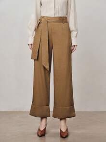 Aalyst Pantalones rectos de pierna ancha y cintura alta para mujer, de tela tejida, pantalones elegantes de negocios casuales para oficina, viajes, salidas y reuniones, para otoño/invierno/primavera - Marrón - Ver 4
