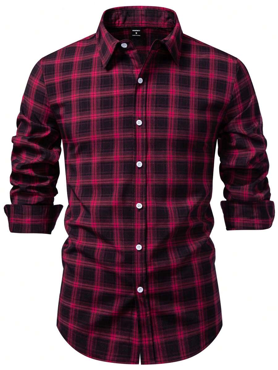 Manfinity Nomadique Men's Plaid Long Sleeve Single-Breasted Casual/Business Shirt Men Button Up Shirt Men Plaid Shirt Men Shirt Burgundy Men's Shirt Plaid Shirt - Red - View 1