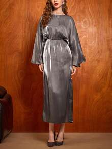 Uhlyne Women's Boat Neck Bat Sleeve Elegant Luxurious Party Dress - Grey - View 2