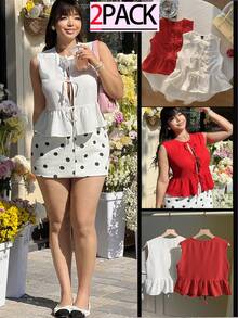 SHEIN EZwear Plus Size Solid Color Knotted Ruffle Hem Sleeveless T-Shirt - Red - View 2