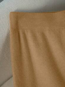 Franclia New Pleated Patchwork Knitted High Waist Slimming Midi A-Line Skirt, Casual Women Sweater Skirt - Ginger - View 4