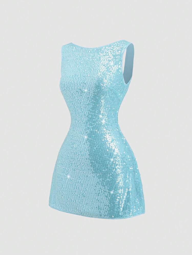 Sweetra Women's Sky Blue Sequin Dress, 70s Retro Shiny Glitter Summer Sleeveless Mini Cinched Waist Bow A-Line Party Night Out Holiday Christmas Beach Sexy