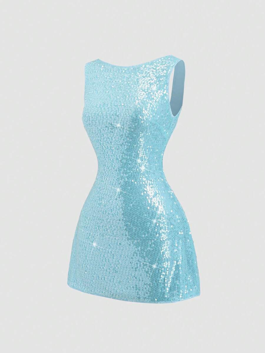 Sweetra Women's New Summer Dress, New Year, Halloween, Christmas Costume, Thanksgiving Outfit, Suitable For Party, Commute, Daily, Travel, Holiday, Women's Sequin Dress, Shiny Dress, Glitter Dress, Summer Dress, Christmas Party Dress, Women's Party Dress, Women's Beach Outfit, Women's Beach Dress, Cinched Waist Bow Design A-Line Sleeveless Mini Dress - Blue - View 1