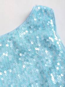 Sweetra Women's New Summer Dress, New Year, Halloween, Christmas Costume, Thanksgiving Outfit, Suitable For Party, Commute, Daily, Travel, Holiday, Women's Sequin Dress, Shiny Dress, Glitter Dress, Summer Dress, Christmas Party Dress, Women's Party Dress, Women's Beach Outfit, Women's Beach Dress, Cinched Waist Bow Design A-Line Sleeveless Mini Dress - Blue - View 5