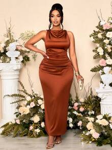 SHEIN PETITE CURVE 女士优雅纯色垂褶领无袖派对礼服，宴会完美之选 - 棕色 - 查看 4