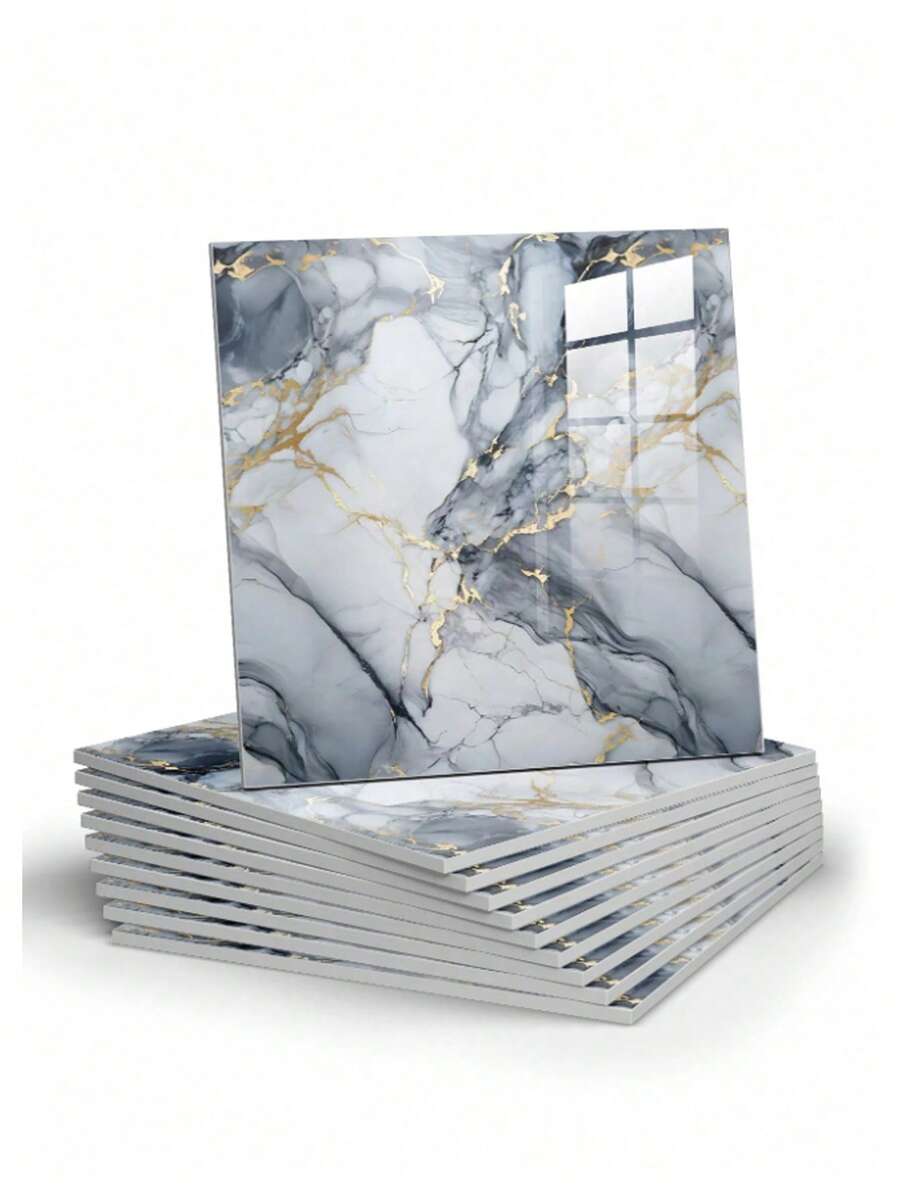 10pcs 0.9㎡ Deep Gray Marble Pattern Tile Sticker Waterproof & Moistureproof Aluminum Plastic Board Self-Adhesive Wall Paper For Wall Renovation And Decoration Valentine DAY, Valentines Wedding, Birthday - dark blue - View 1