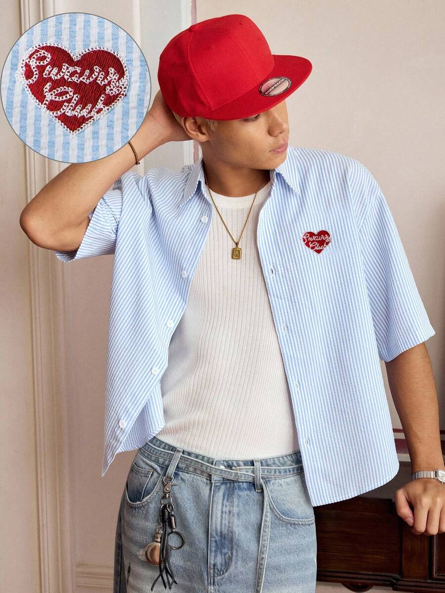 SWAVVY Men's Casual Striped Heart Embroidered Shirt, Summer Men Street Wear Shirt Europe Summer Outfits For Men Set Cropped Men S Shirts - Blue - View 1