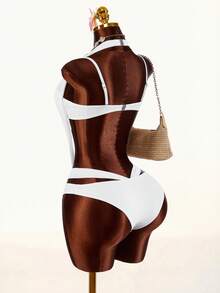 Amplova Women's Halter Neck One-Piece Swimsuit With Mesh Splice, Sexy Backless Design Vacation Outfit Vacation Outfits Women Holiday Outfits For Women - Apricot - View 2