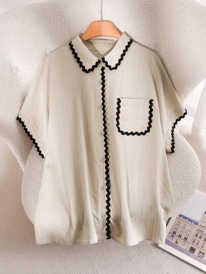 CosyJoli 大码女式夏季休闲度假风撞色波浪纹饰带拼接口袋宽松衬衫